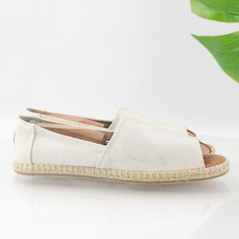 TOMS Women's Alpargata Open Toe Flats Size 7.5 Slip On Beige Linen Boho Shoe - Picture 6 of 13